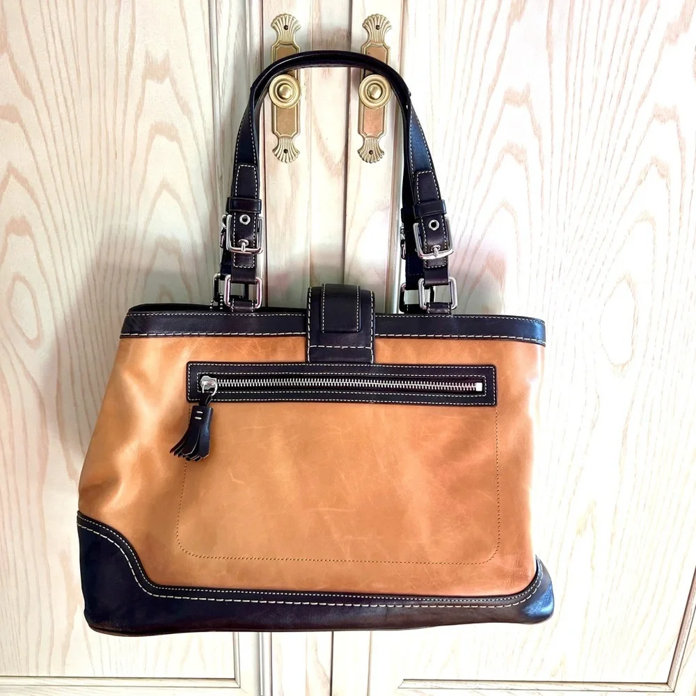Coach Strip Brown & Tan Soft Leather Shoulder Bag